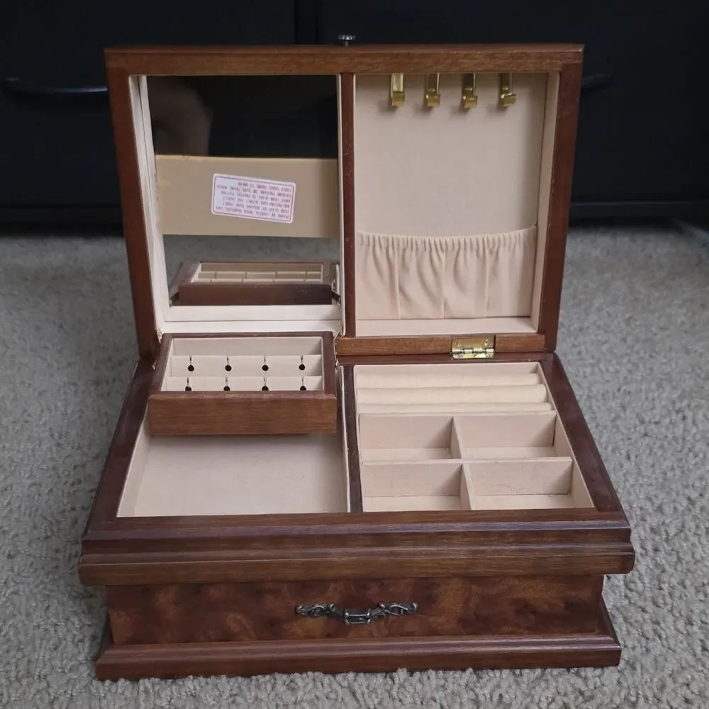 Pristine Vintage 1980s Burl Wood Jewelry Box Large Keepsake Chest Drawer Mint